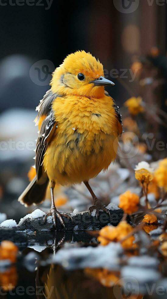 Jaune oiseau sur hiver neige ai généré photo