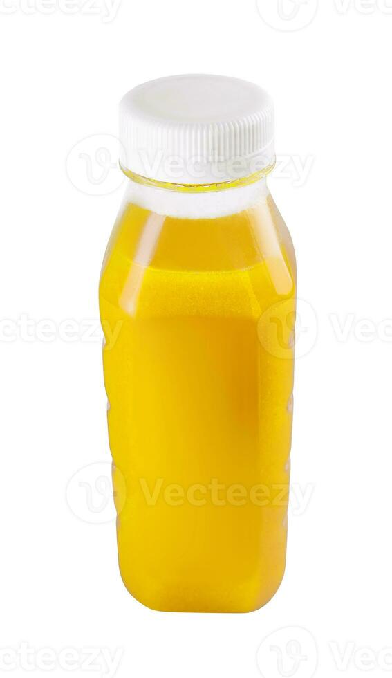 Orange jus bouteille sur blanc Contexte photo