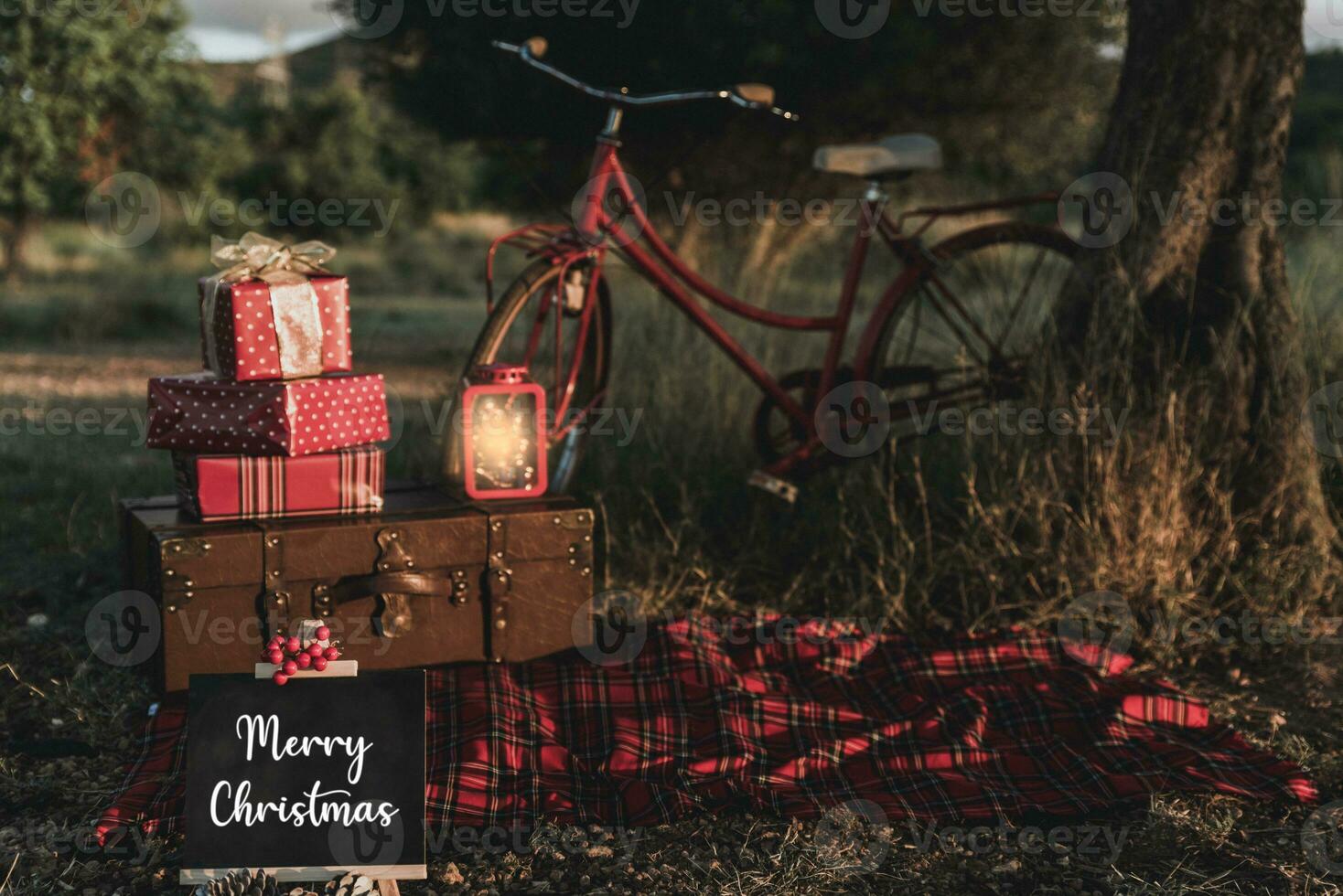 Noël session dans le campagne avec une ancien valise et cadeaux photo