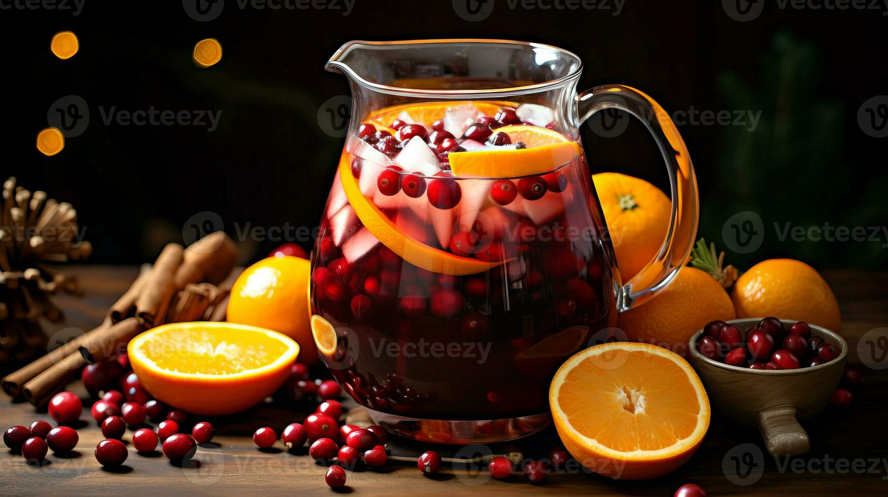 Noël Sangria dans une verre cruche, avec Orange tranches et baies. ai généré. photo