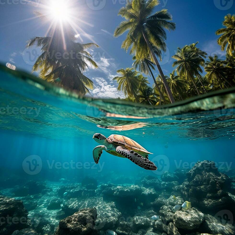 ai généré voyage, été vacances. sous-marin la photographie de une mer tortue, île avec paume des arbres. photo