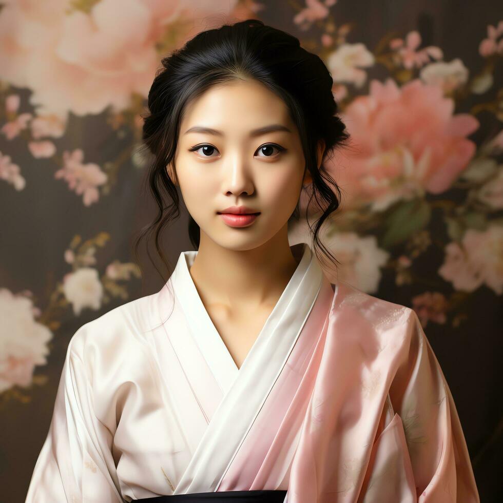 magnifique asiatique femme dans traditionnel kimono ai généré photo