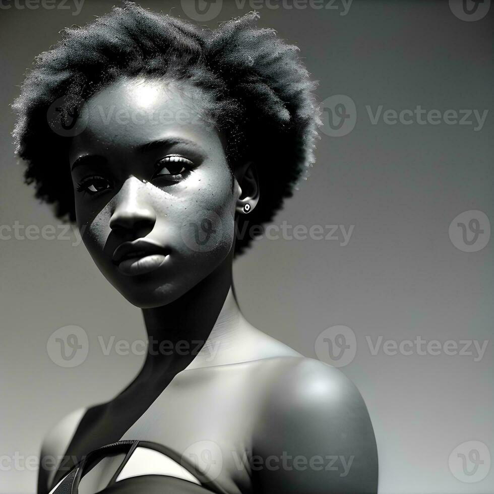 ai généré attrayant mystérieux africain américain adolescent fille. noir et blanc portrait. le image a été établi en utilisant génératif ai. photo