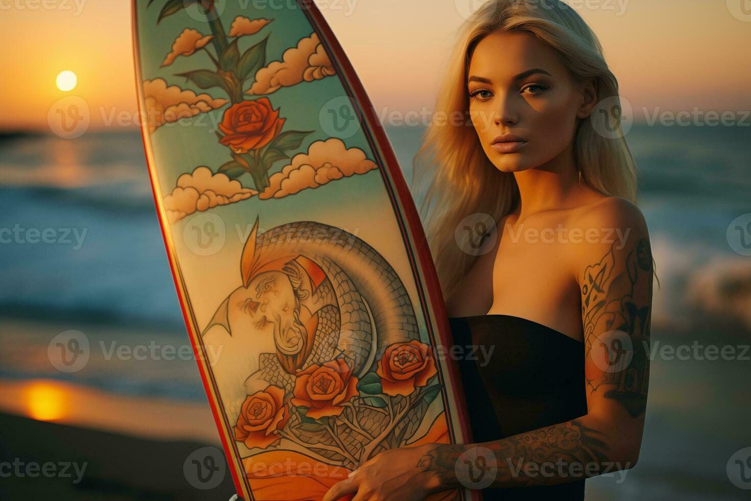 ai généré magnifique surfeur fille avec planche de surf sur le sablonneux plage. femelle surfeur, l'eau des sports. en bonne santé actif mode de vie. surfant. extrême sport. photo