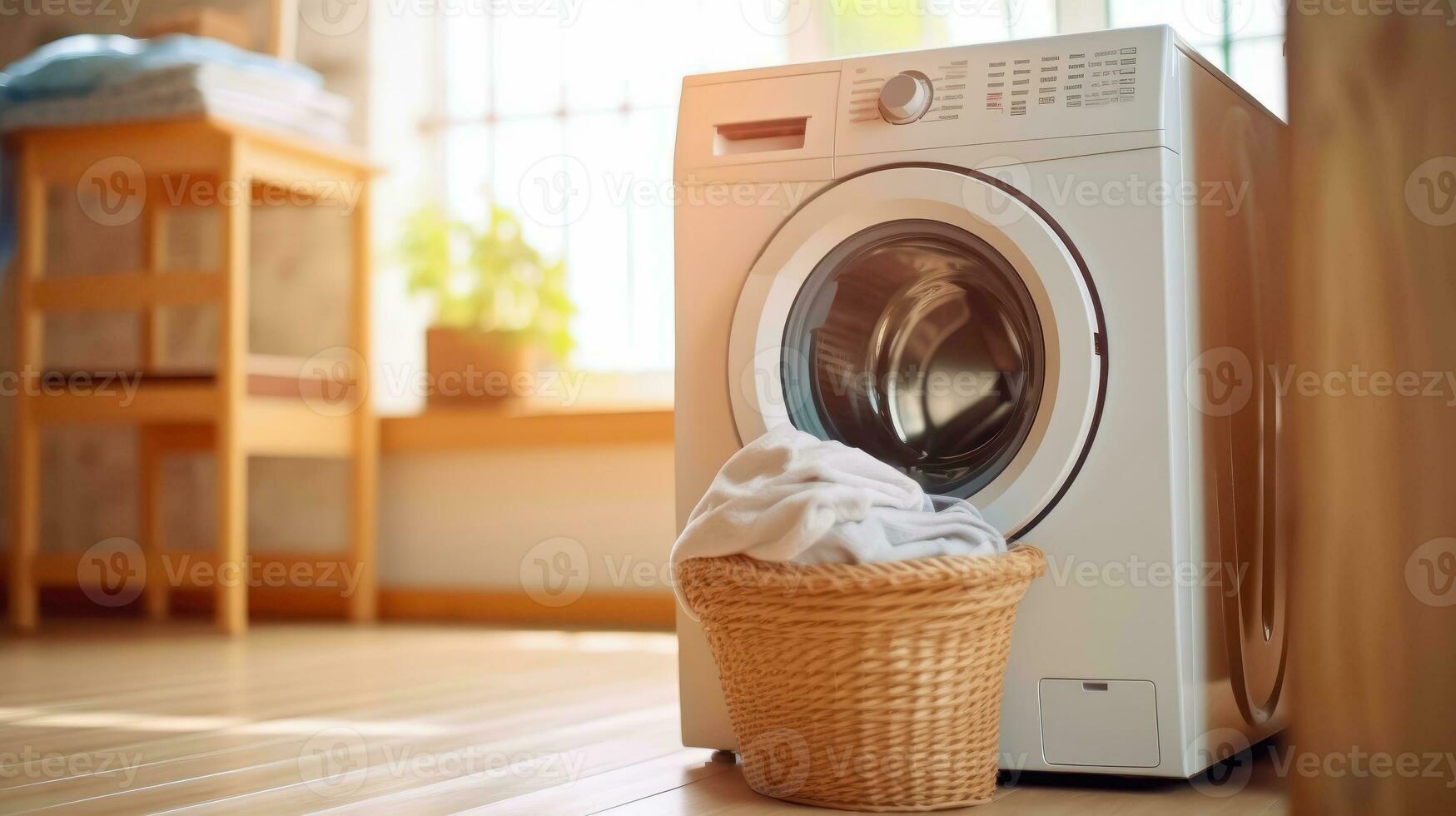 ai généré blanchisserie journée - sale blanchisserie panier dans de face de le la lessive machine - génératif ai photo
