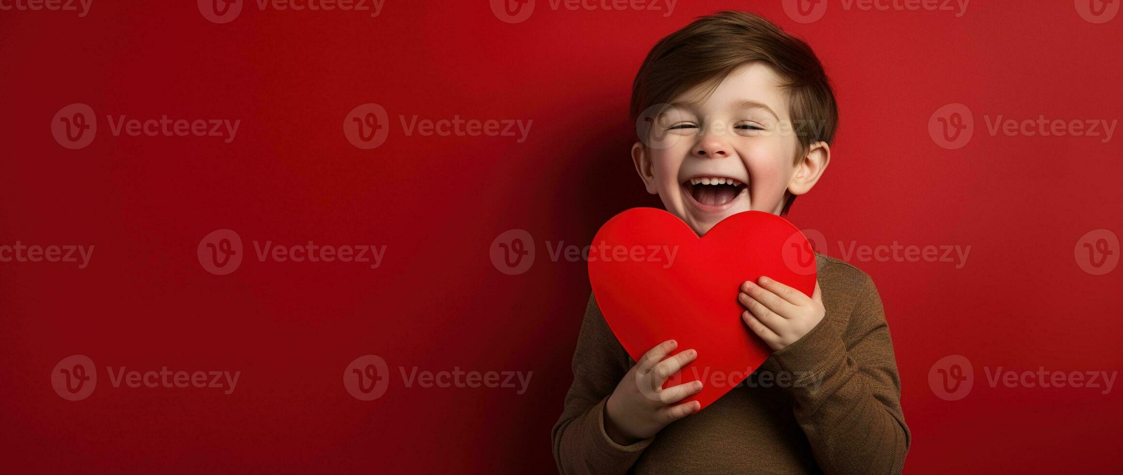 ai généré content peu garçon avec rouge cœurs sur la Saint-Valentin journée. photo