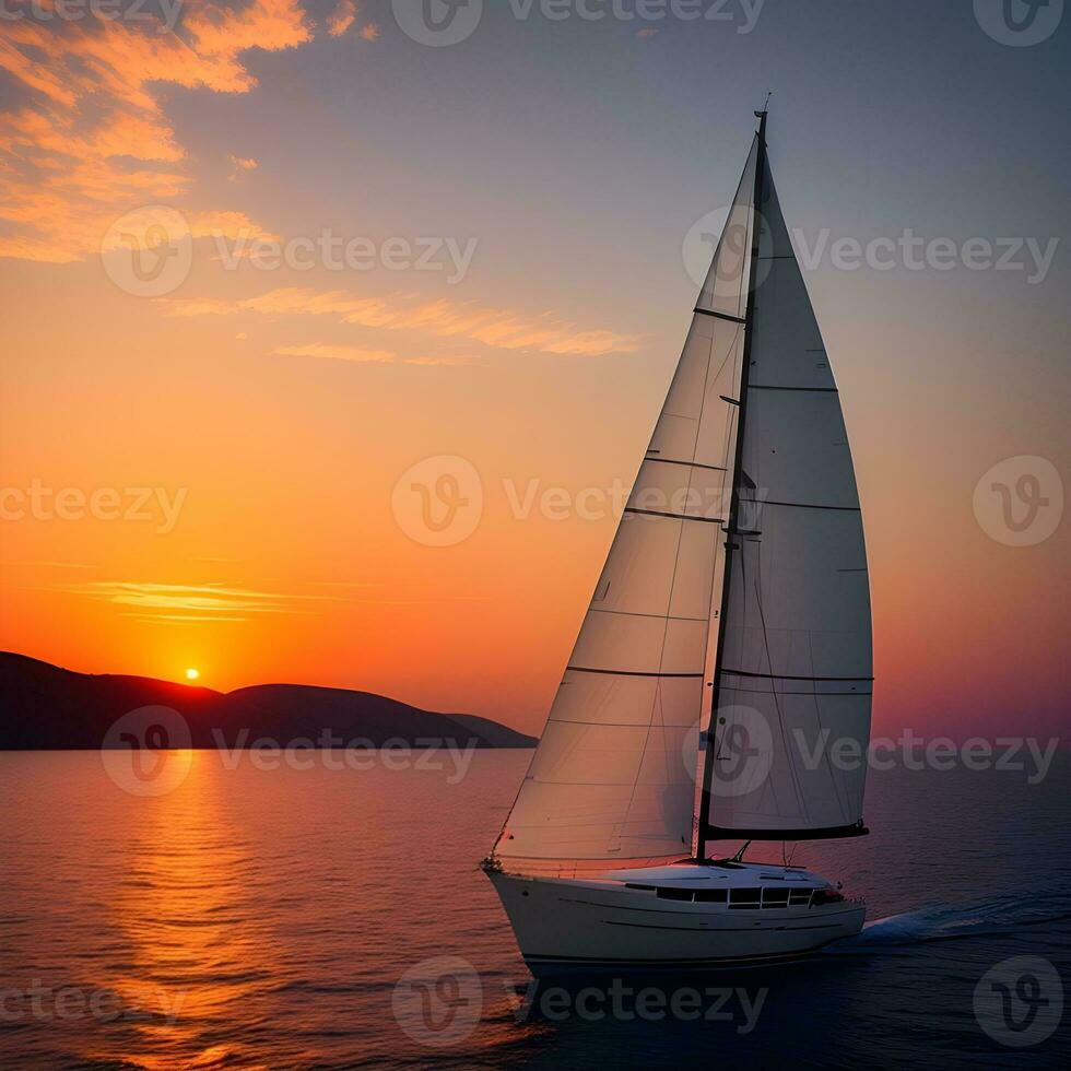 ai généré yacht voile contre le coucher du soleil. vacances mode de vie paysage avec horizon voilier et le coucher du soleil silhouette. yachting tourisme. le image a été établi en utilisant génératif ai. photo