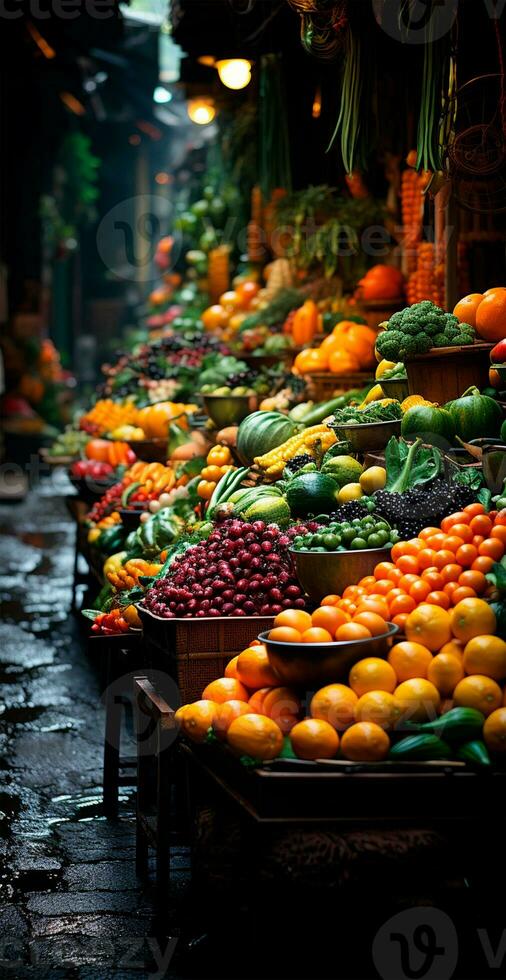 ai généré asiatique nourriture marché, Frais des légumes et des fruits - ai généré image photo