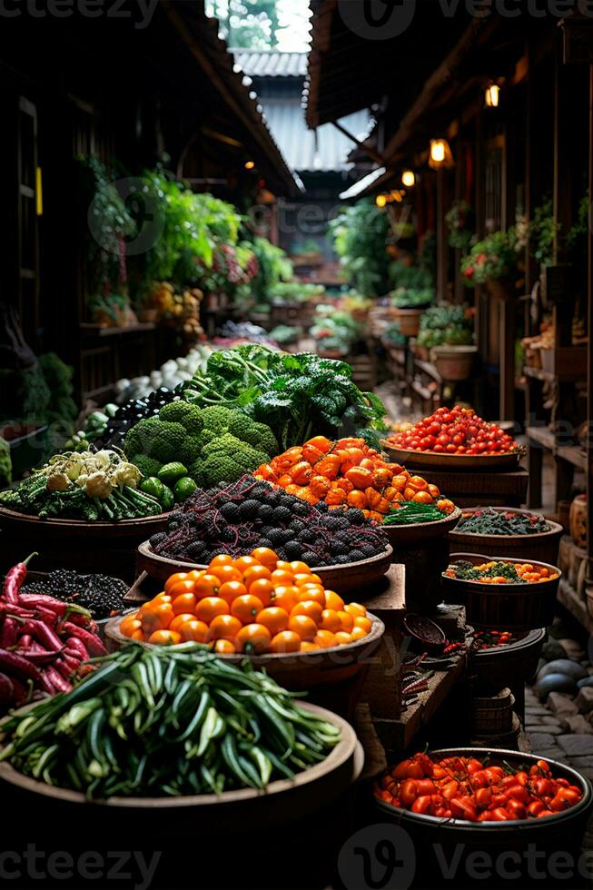 ai généré asiatique nourriture marché, Frais des légumes et des fruits - ai généré image photo