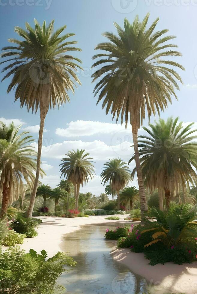 magnifique oasis avec tropical les plantes dans désert. photo