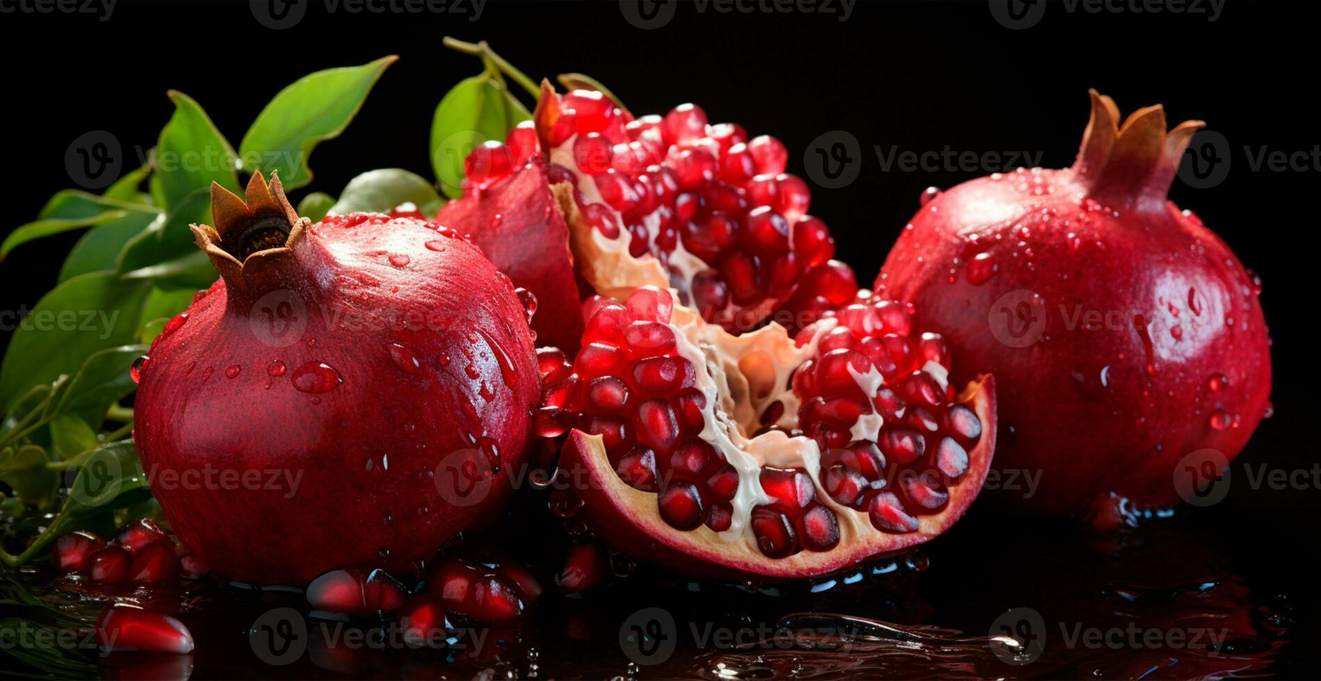 ai généré en bonne santé Grenade des fruits avec feuilles et moitié de une mûr Grenade - ai généré image photo