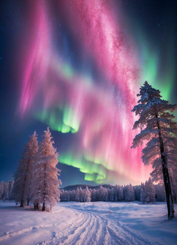 ai généré le aurore dans le ciel lumières en haut, couvert dans une magnifique étendue de pétillant neige avec réel foncé vert des arbres photo