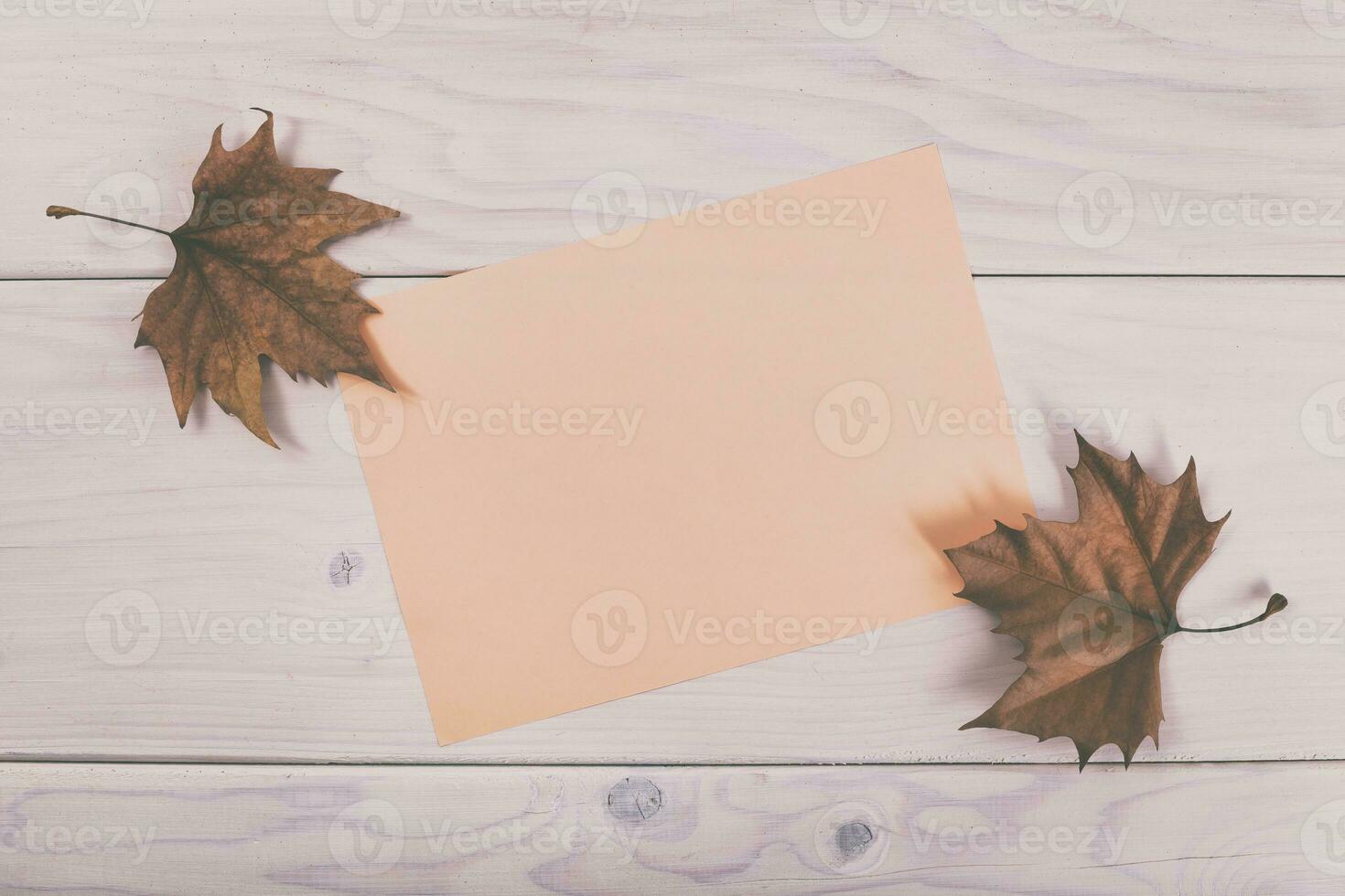 l'automne feuilles et Vide papier sur une en bois table Haut vue photo