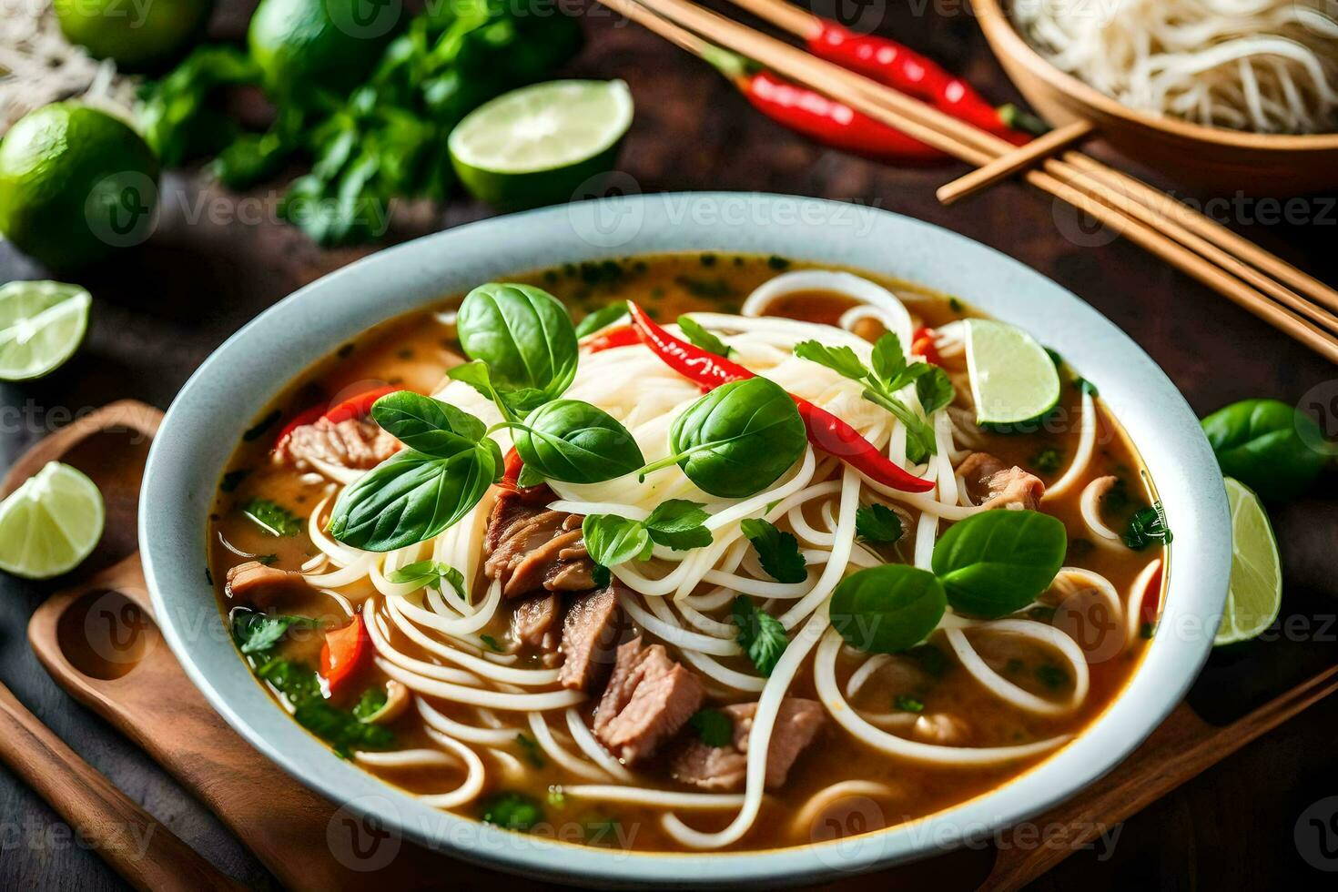 une bol de asiatique nouille soupe avec Viande et des légumes. généré par ai photo