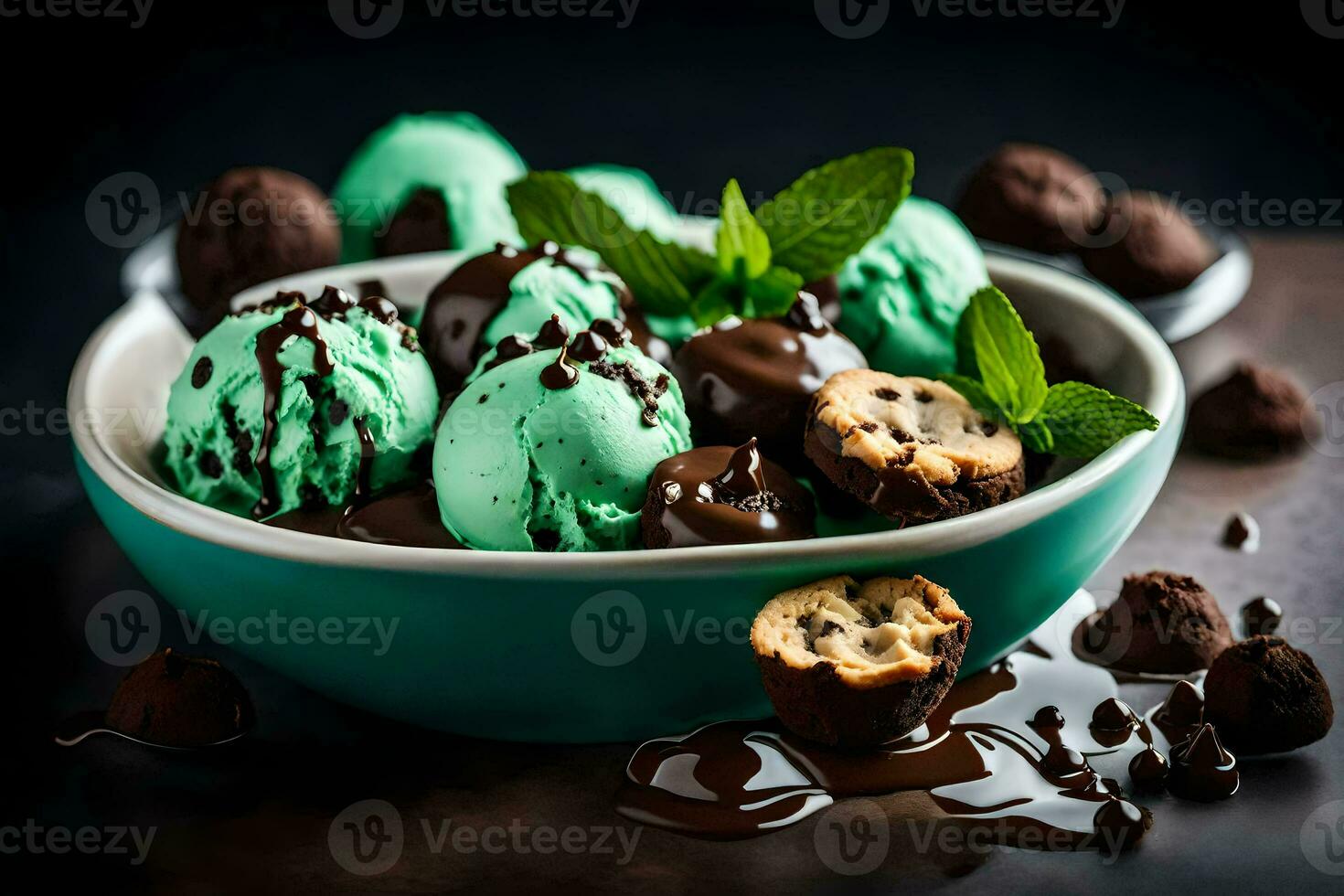 une bol de Chocolat la glace crème avec menthe et Chocolat puces. généré par ai photo