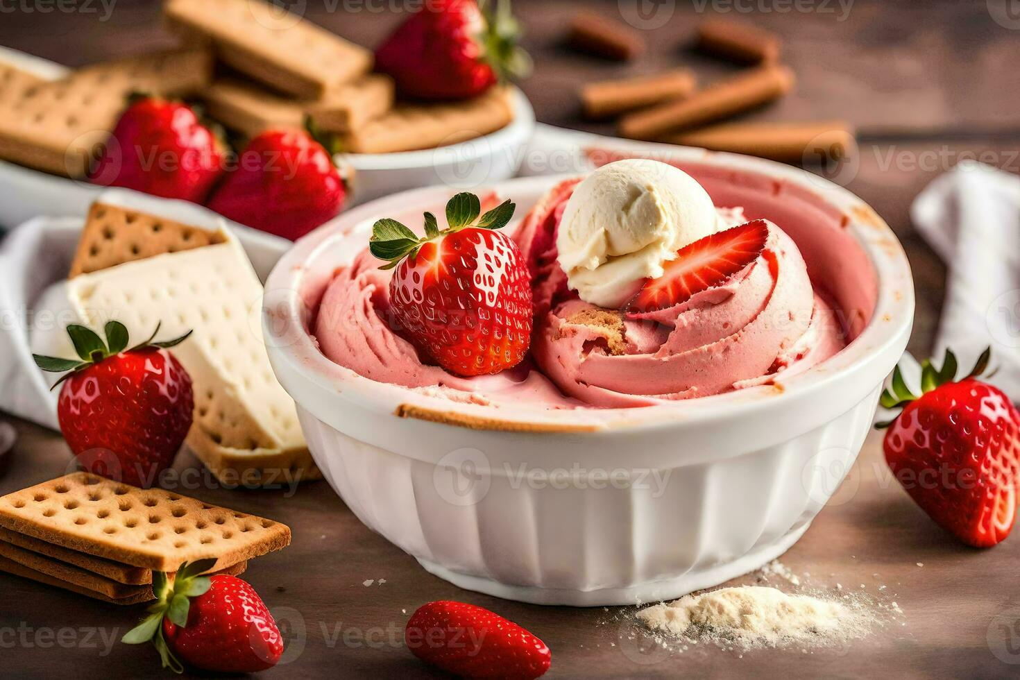 fraise la glace crème dans une bol avec des fraises et Graham craquelins. généré par ai photo