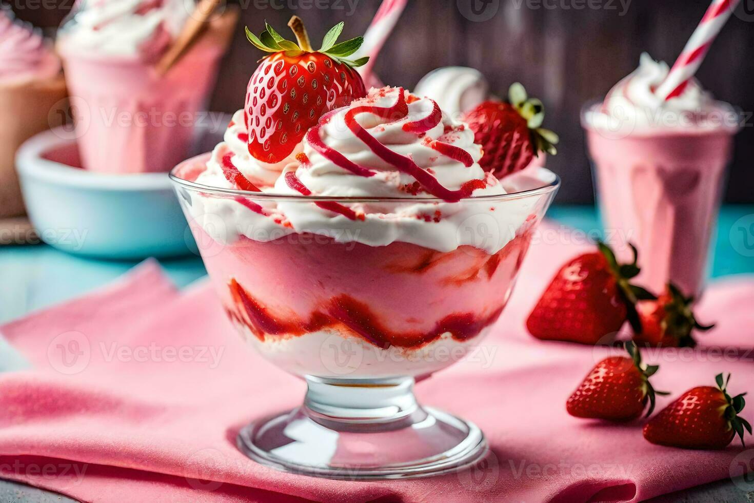 fraise Milk-shake avec fouetté crème et des fraises. généré par ai photo