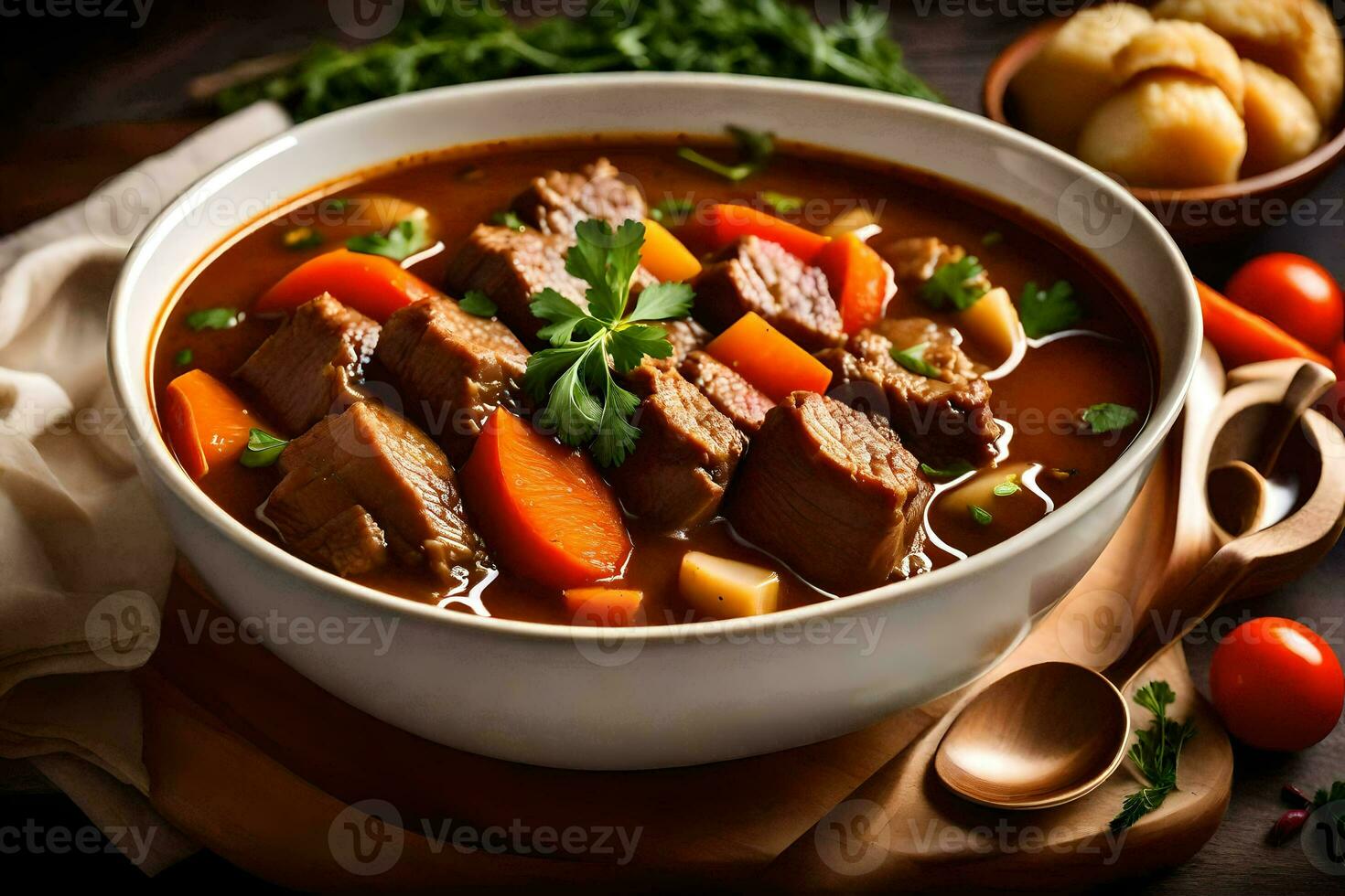 une bol de du boeuf Ragoût avec carottes et patates. généré par ai photo