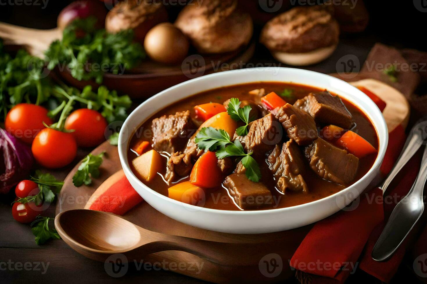 une bol de du boeuf Ragoût avec des légumes et champignons. généré par ai photo