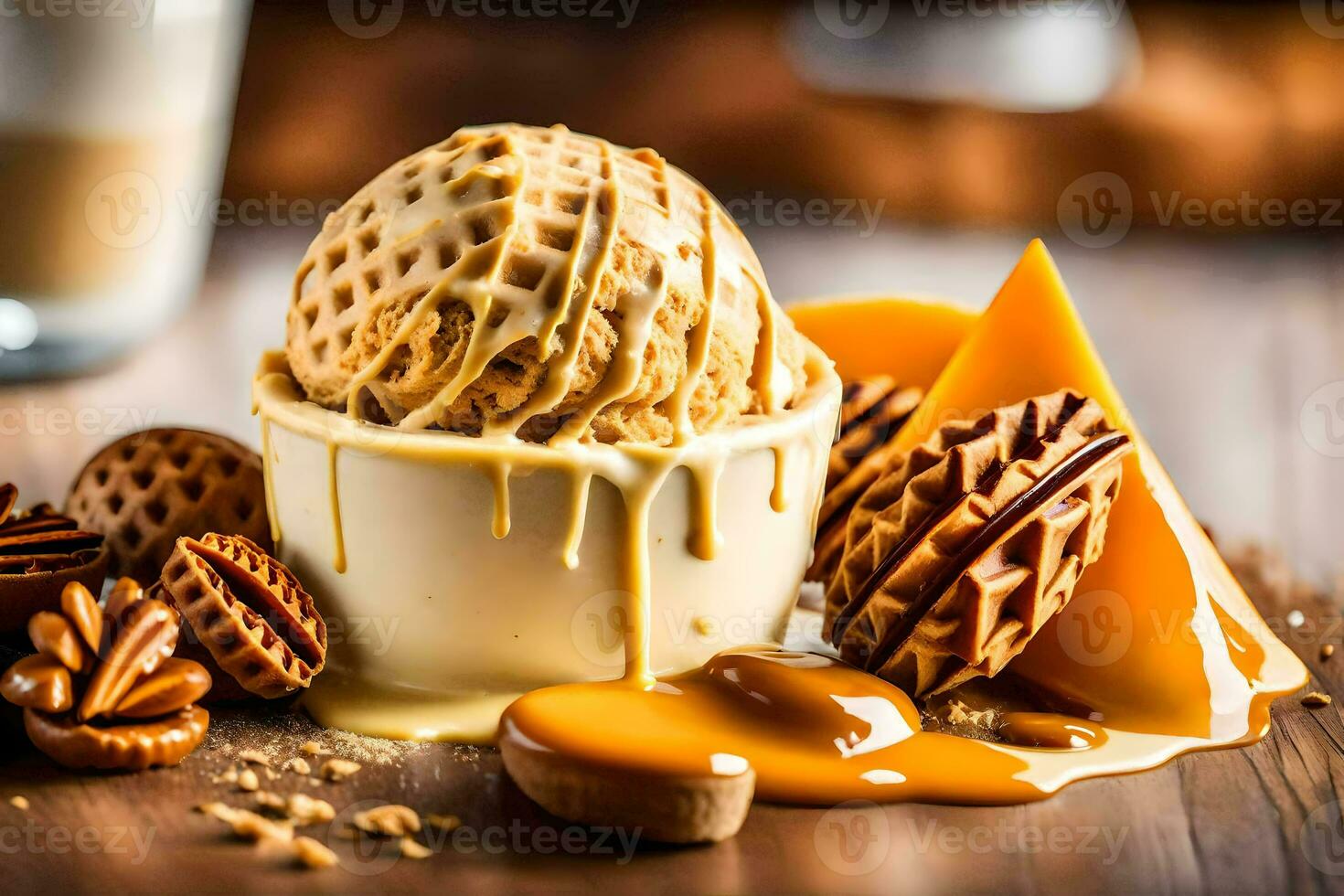 une scoop de la glace crème avec des noisettes et caramel. généré par ai photo