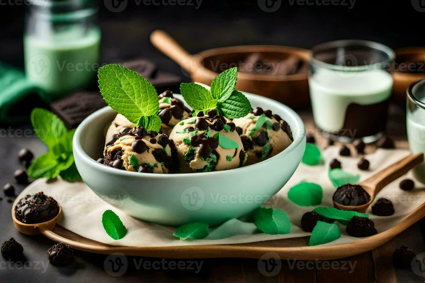 Chocolat puce la glace crème dans une bol avec menthe feuilles. généré par ai photo