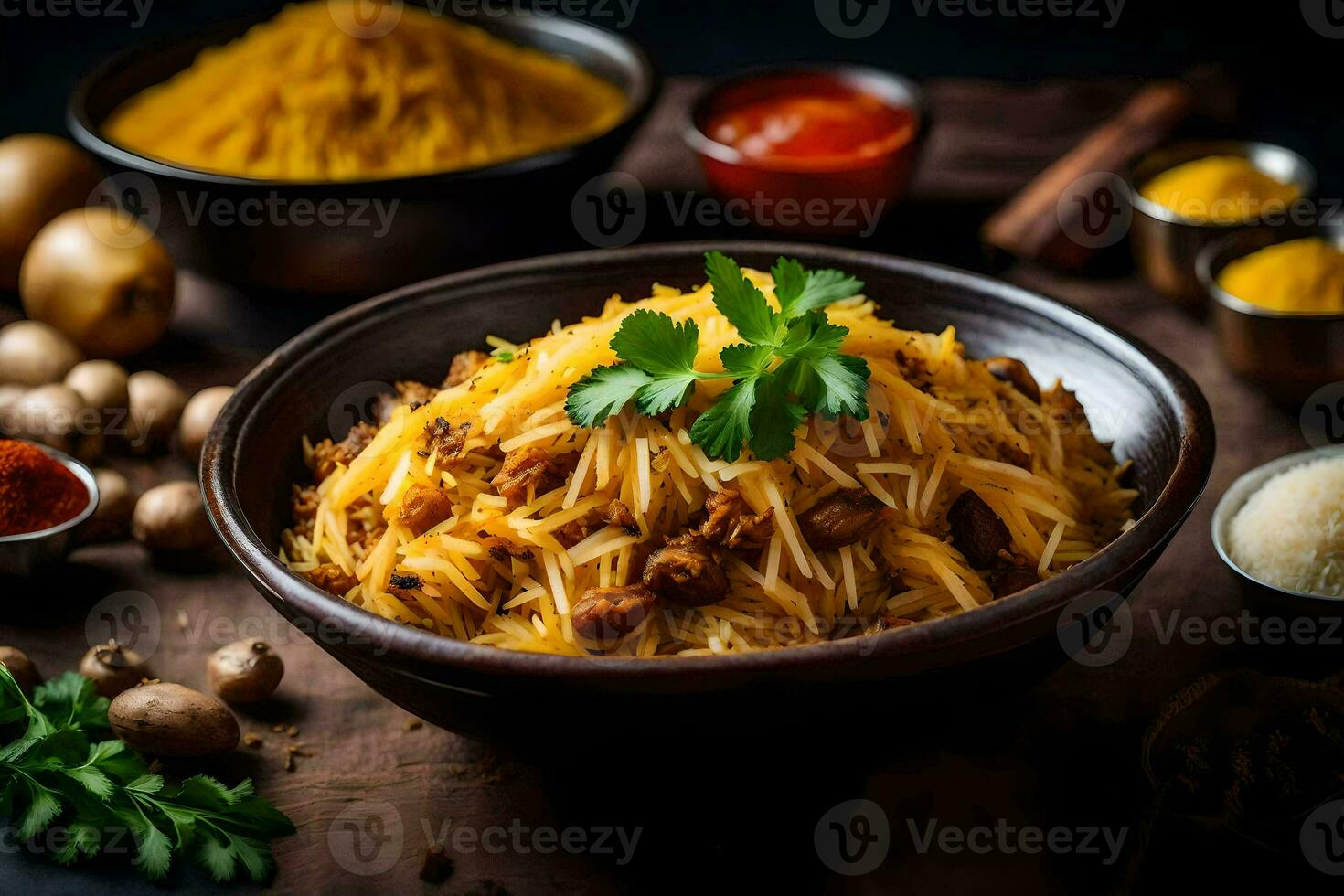 le plat est servi avec épices et herbes. généré par ai photo