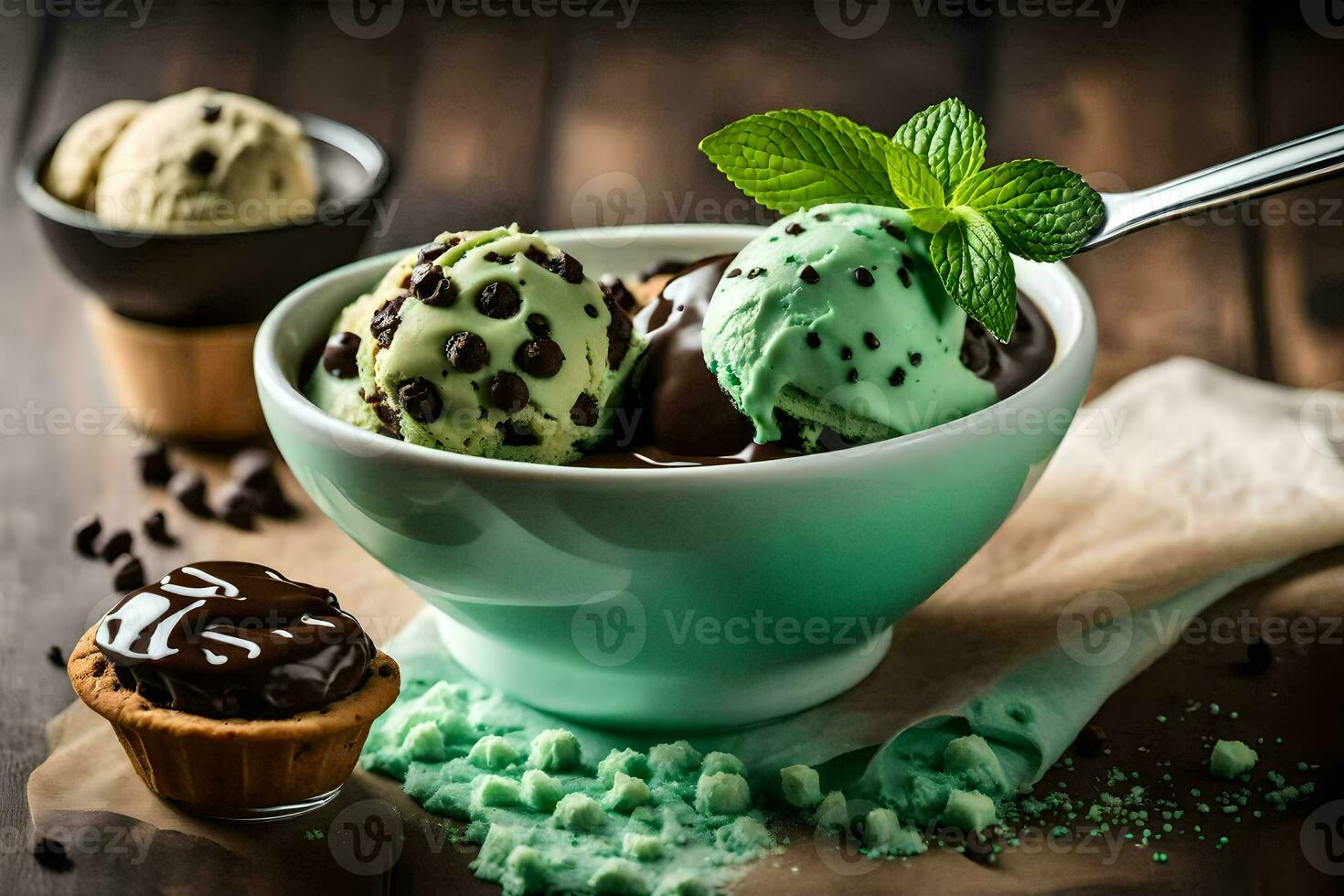 Chocolat la glace crème avec menthe et menthe feuilles. généré par ai photo