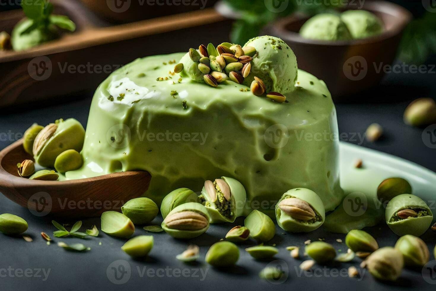 pistache la glace crème avec pistache des noisettes sur une foncé Contexte. généré par ai photo