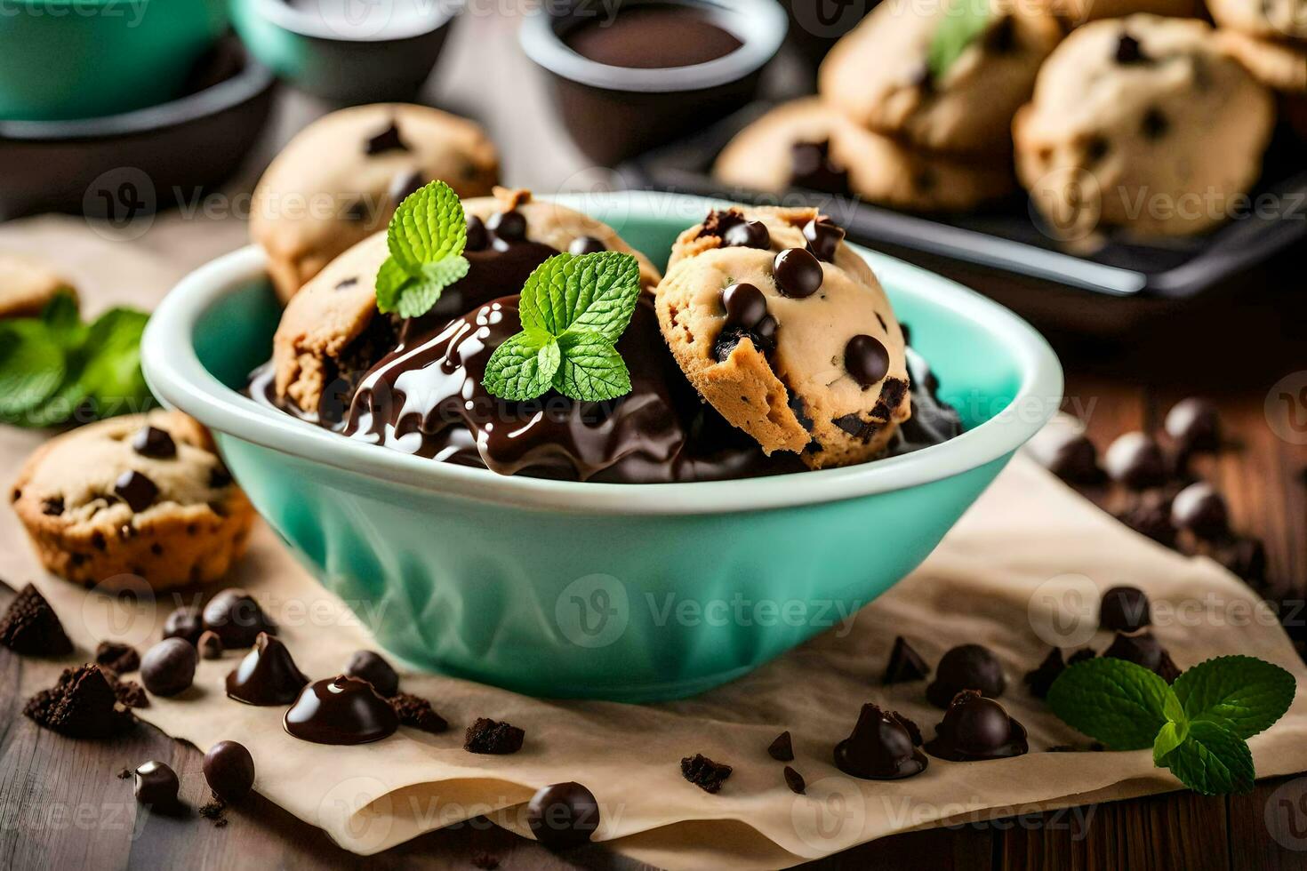 Chocolat puce biscuit la glace crème avec menthe feuilles. généré par ai photo