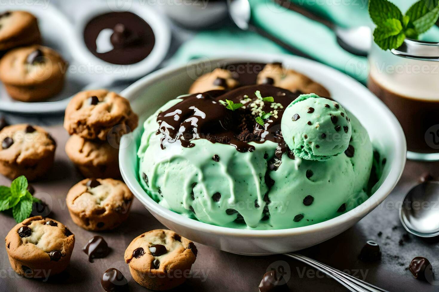 Chocolat puce biscuit pâte la glace crème dans une bol avec menthe feuilles et biscuits. généré par ai photo