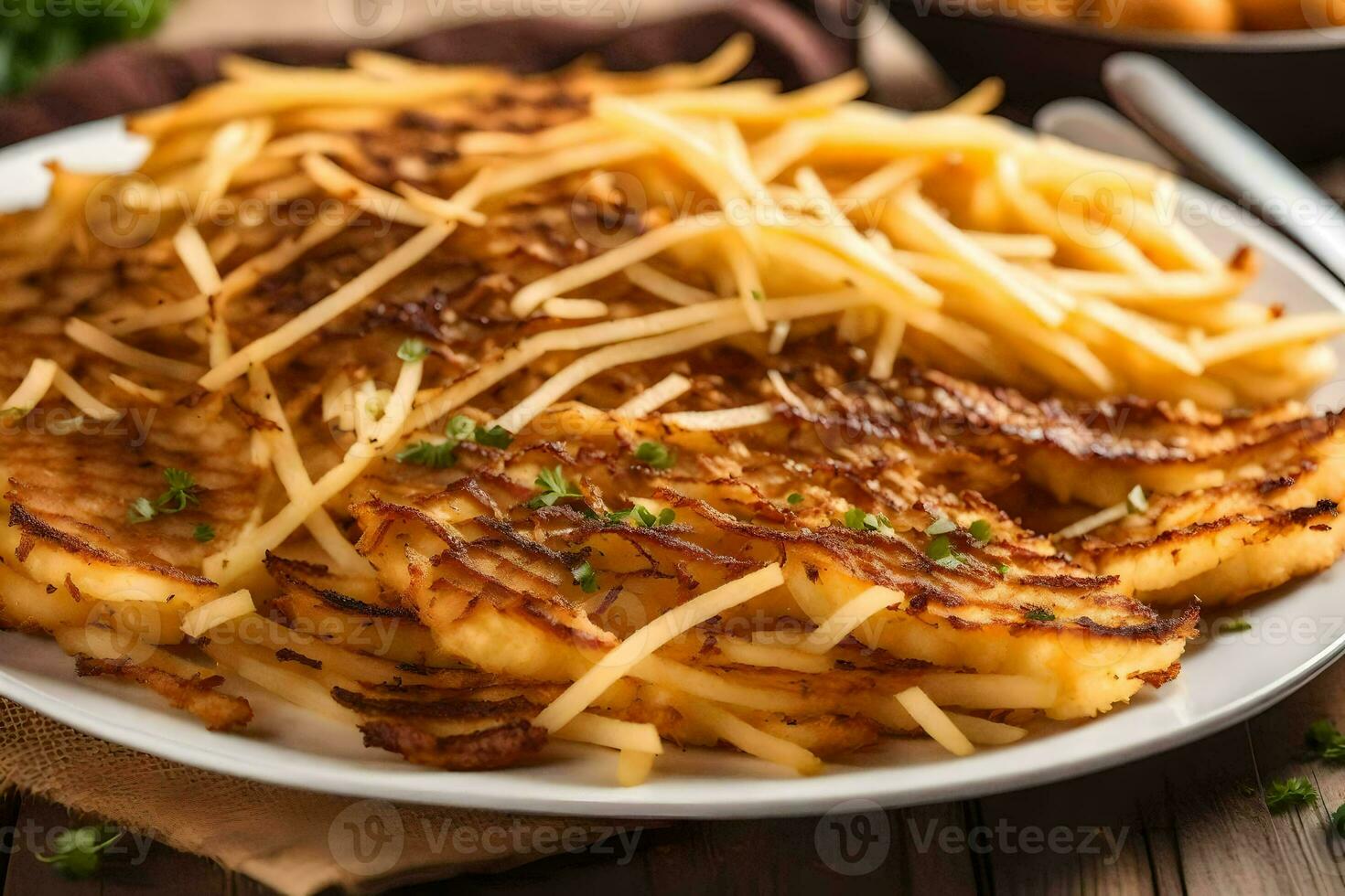 une assiette de français frites avec fromage et persil. généré par ai photo