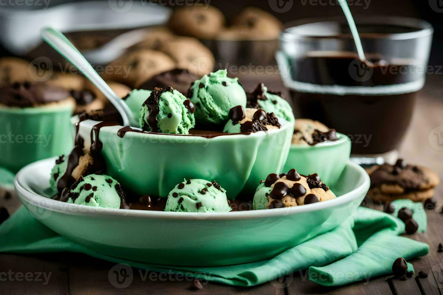 Chocolat puce la glace crème dans une bol avec menthe Chocolat puce biscuits. généré par ai photo