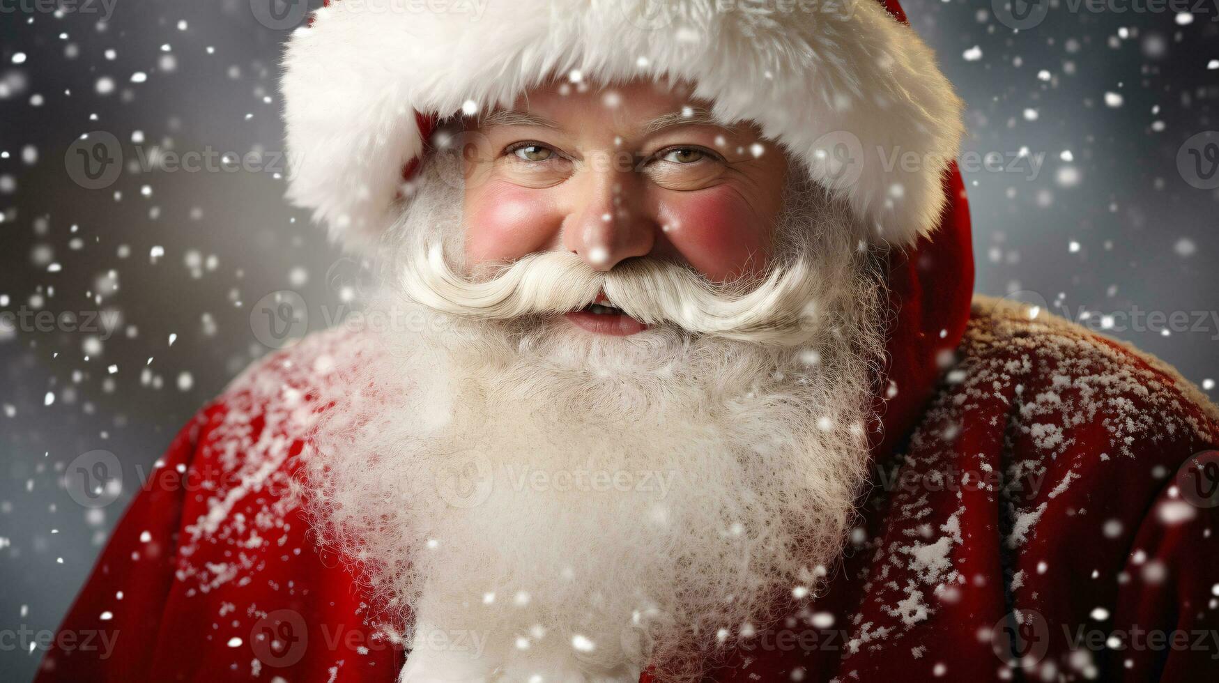 ai génératif proche en haut portrait de Père Noël clause avec blanc barbe et neige chute photo