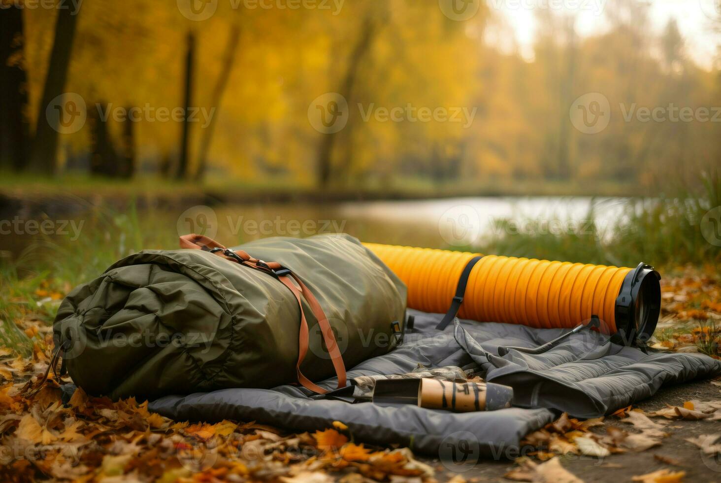 roulé en train de dormir sac camping engrenage. produire ai photo