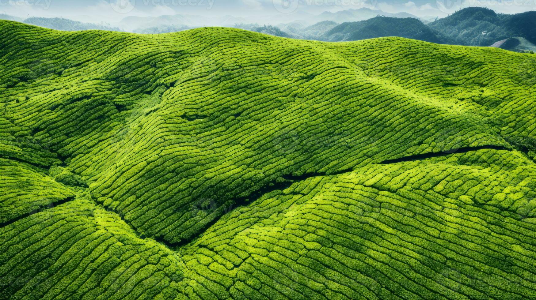 ai généré vert thé plantation, Haut vue texture photo