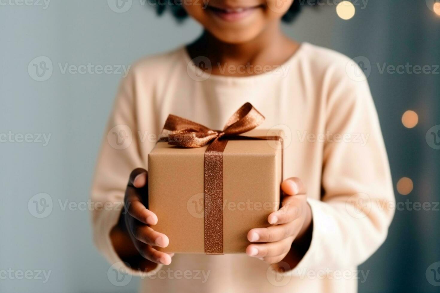 enfants journée - une très content fille avec une cadeau dans sa mains. enfants journée est une commémoratif date, célèbre chaque année dans honneur de les enfants. chaque pays a une fête date. ai génératif photo