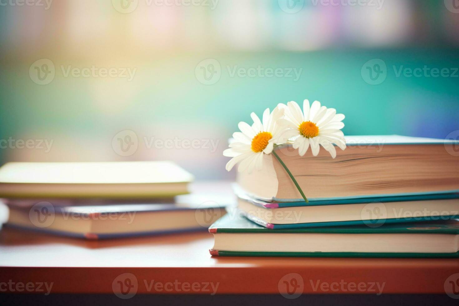 enseignants journée - livre et fleurs délicatement arrangé sur le tableau, célébrer le dévouement et affection de éducateurs. une spécial hommage à ceux qui forme esprits et cœurs. photo