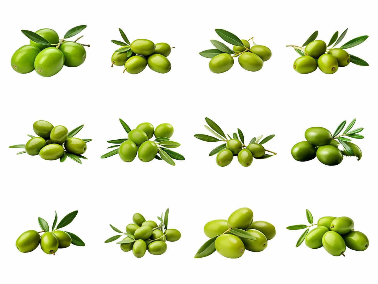 ai généré vert Olives avec feuilles collection isolé sur blanc Contexte photo