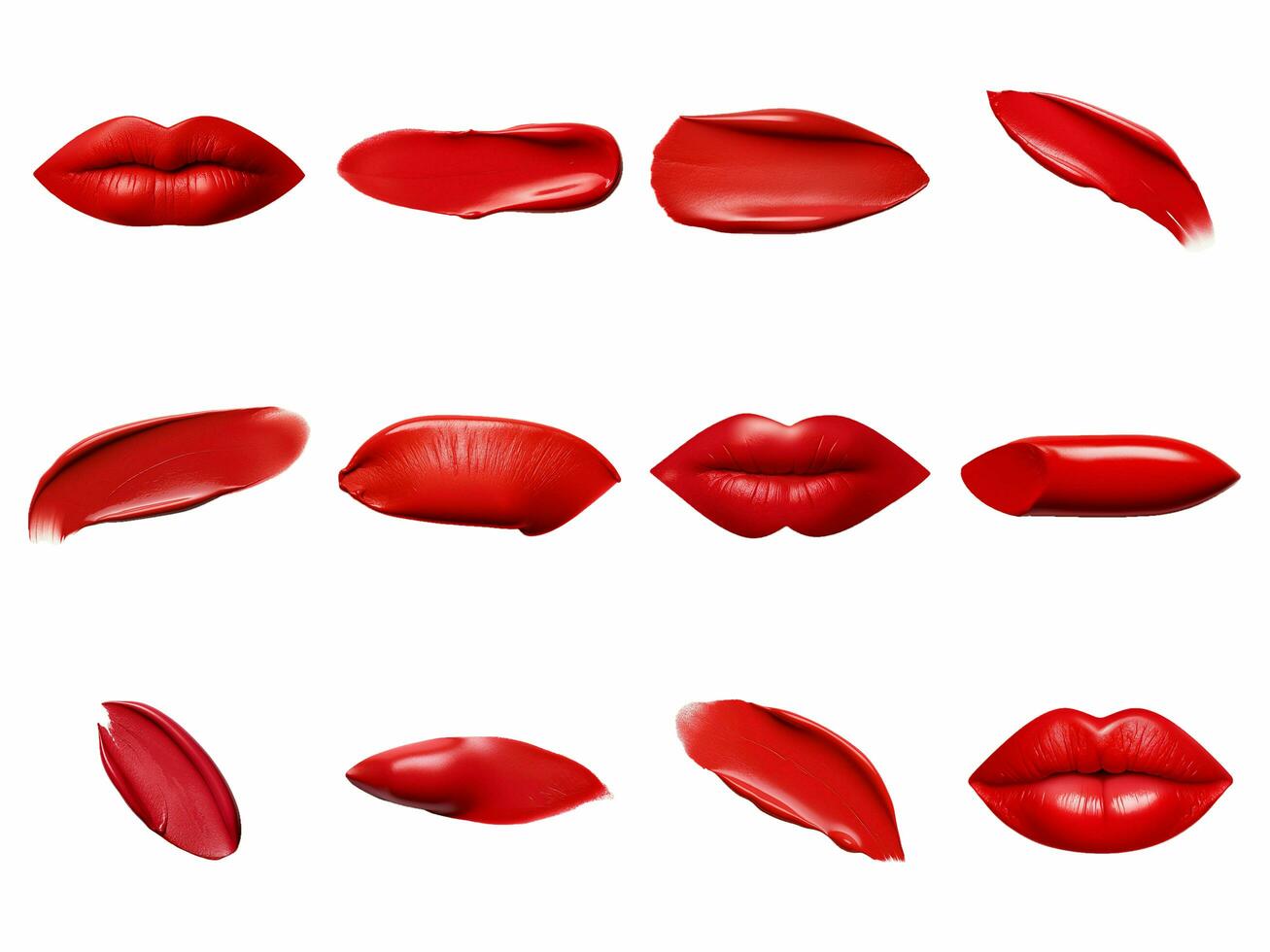 ai généré rouge rouge à lèvres échantillon collection isolé sur blanc Contexte. photo