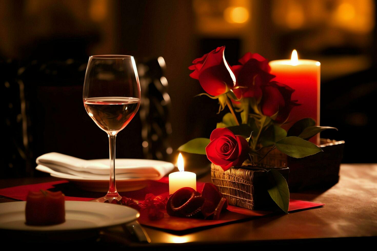 ai généré table décoré pour une romantique dîner avec deux Champagne lunettes, bouquet de rouge des roses ou bougie concept par ai généré photo