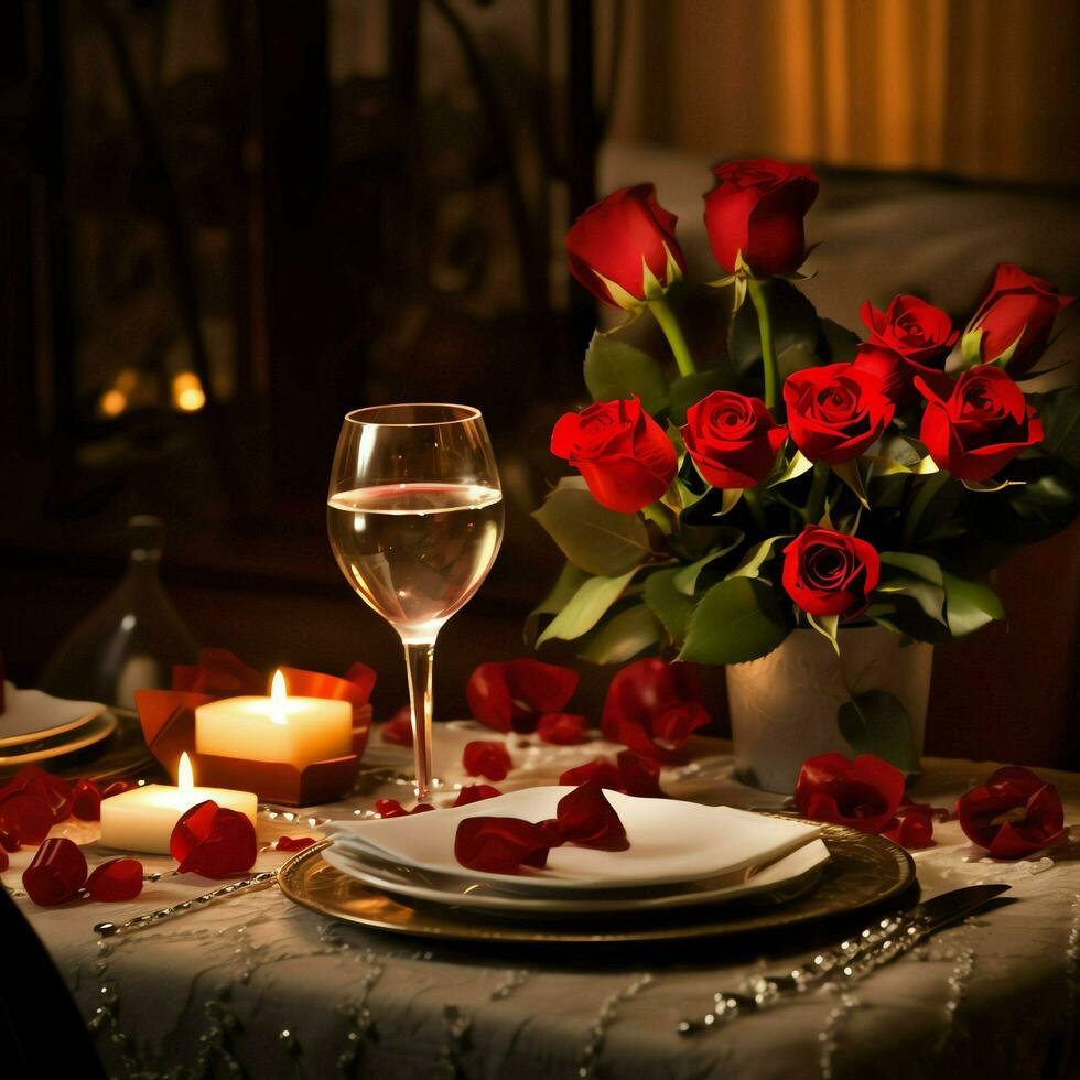 ai généré table décoré pour une romantique dîner avec deux Champagne lunettes, bouquet de rouge des roses ou bougie concept par ai généré photo