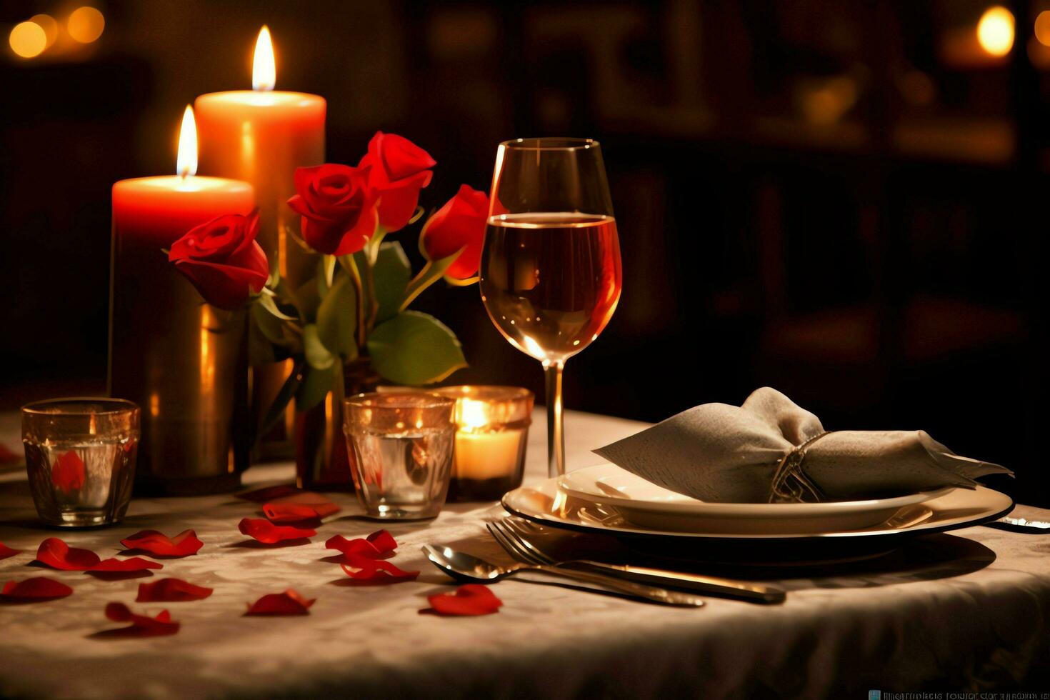 ai généré table décoré pour une romantique dîner avec deux Champagne lunettes, bouquet de rouge des roses ou bougie concept par ai généré photo