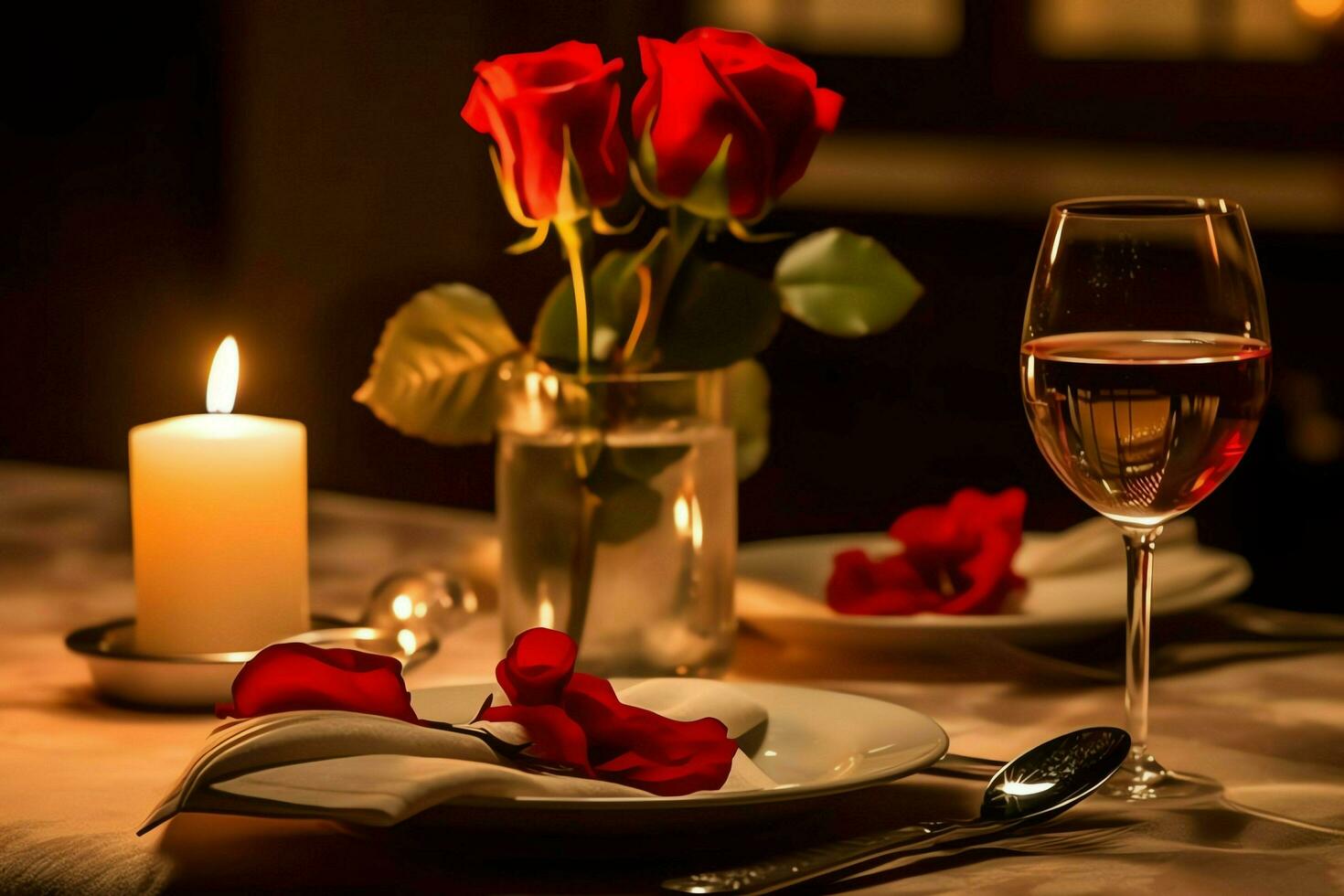 ai généré table décoré pour une romantique dîner avec deux Champagne lunettes, bouquet de rouge des roses ou bougie concept par ai généré photo