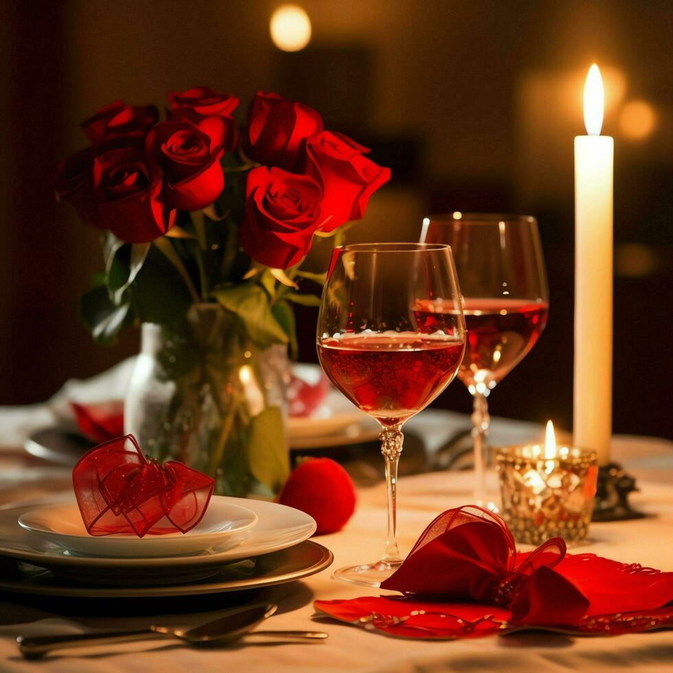 ai généré table décoré pour une romantique dîner avec deux Champagne lunettes, bouquet de rouge des roses ou bougie concept par ai généré photo