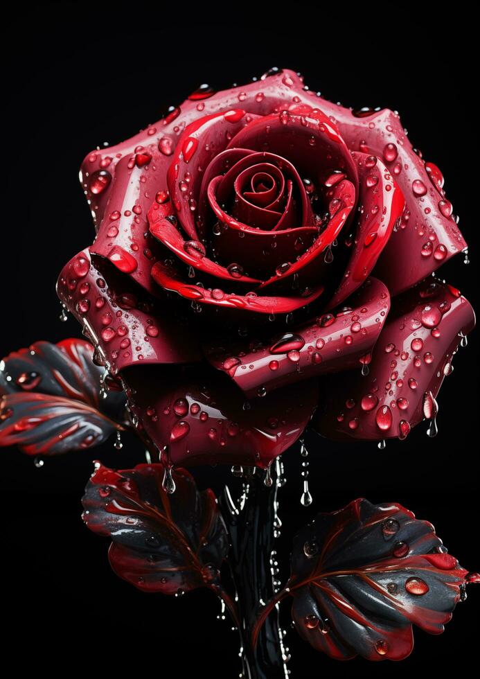 ai généré rouge Rose couvert avec pluie gouttes sur une noir Contexte photo