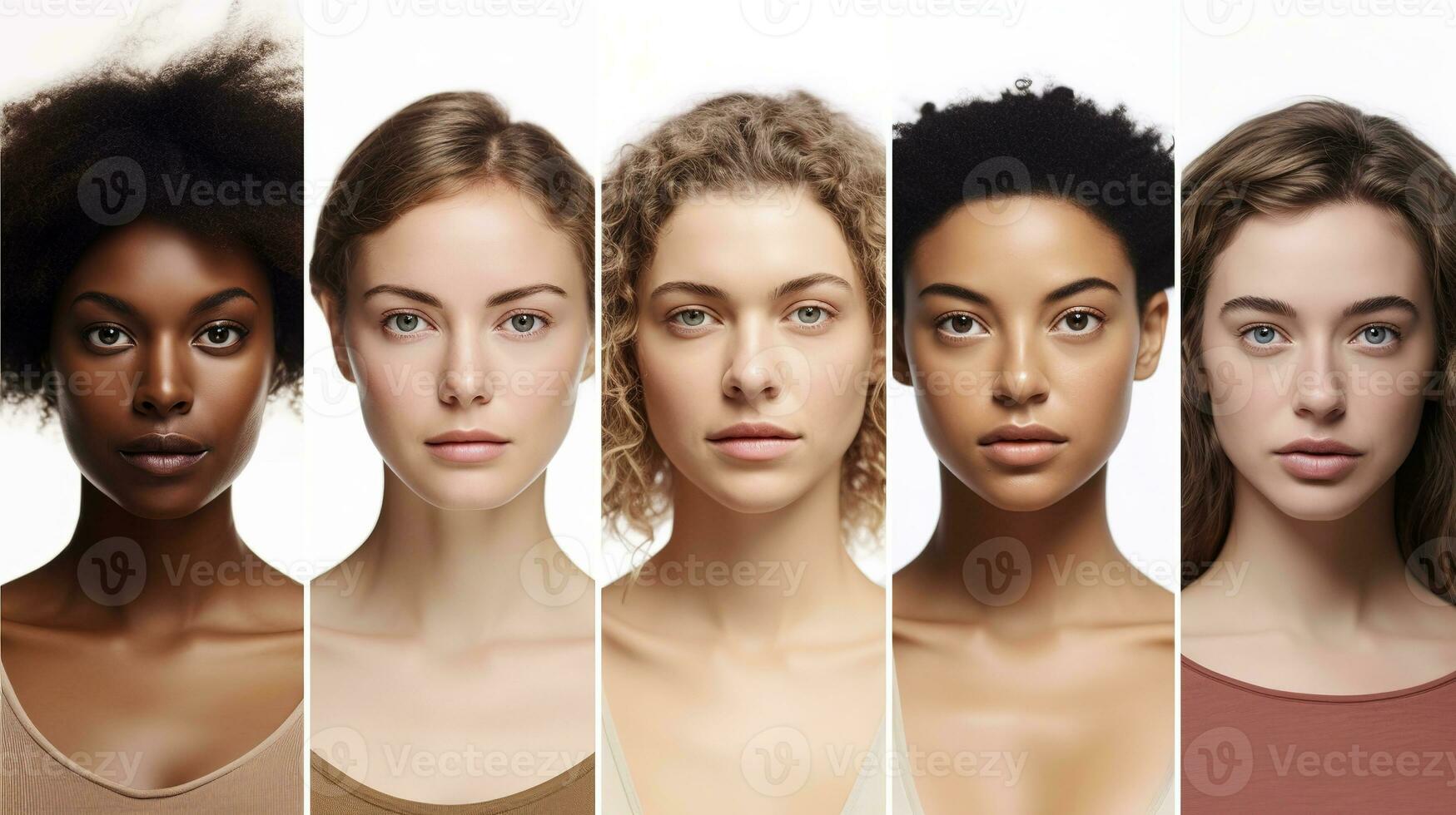 portrait de magnifique Multi-éthnique femmes avec différent coiffure et se maquiller. beauté portrait de Jeune Multi-éthnique femmes avec différent coiffures. ai généré photo