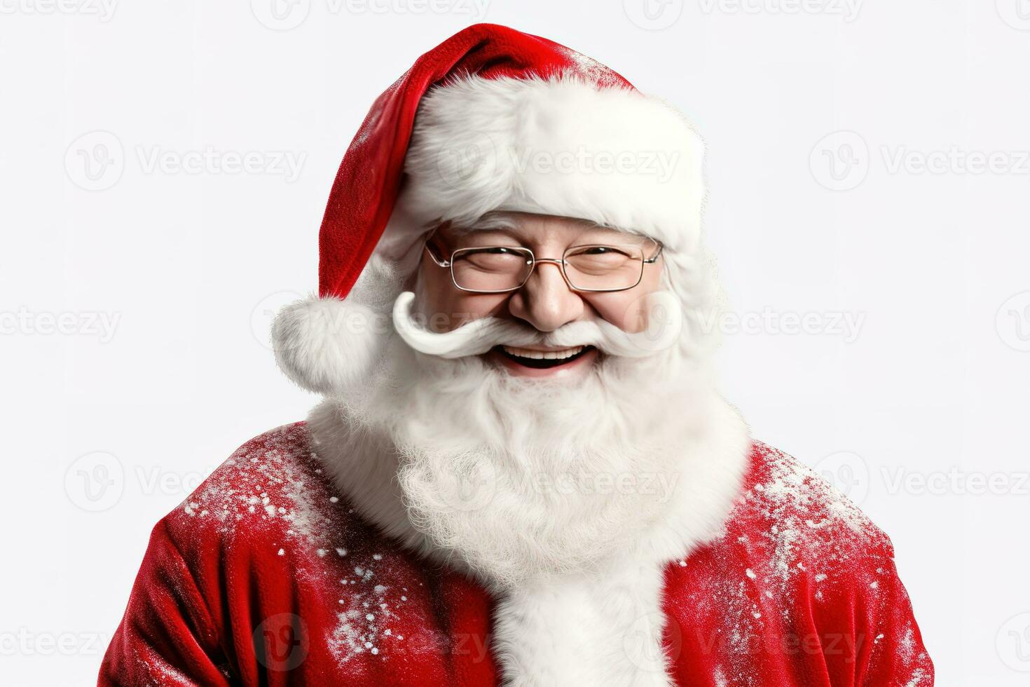 Père Noël claus content vieux homme avec blanc barbe et moustache. il porte rouge costume avec blanc fourrure et noir ceinture. génératif ai photo