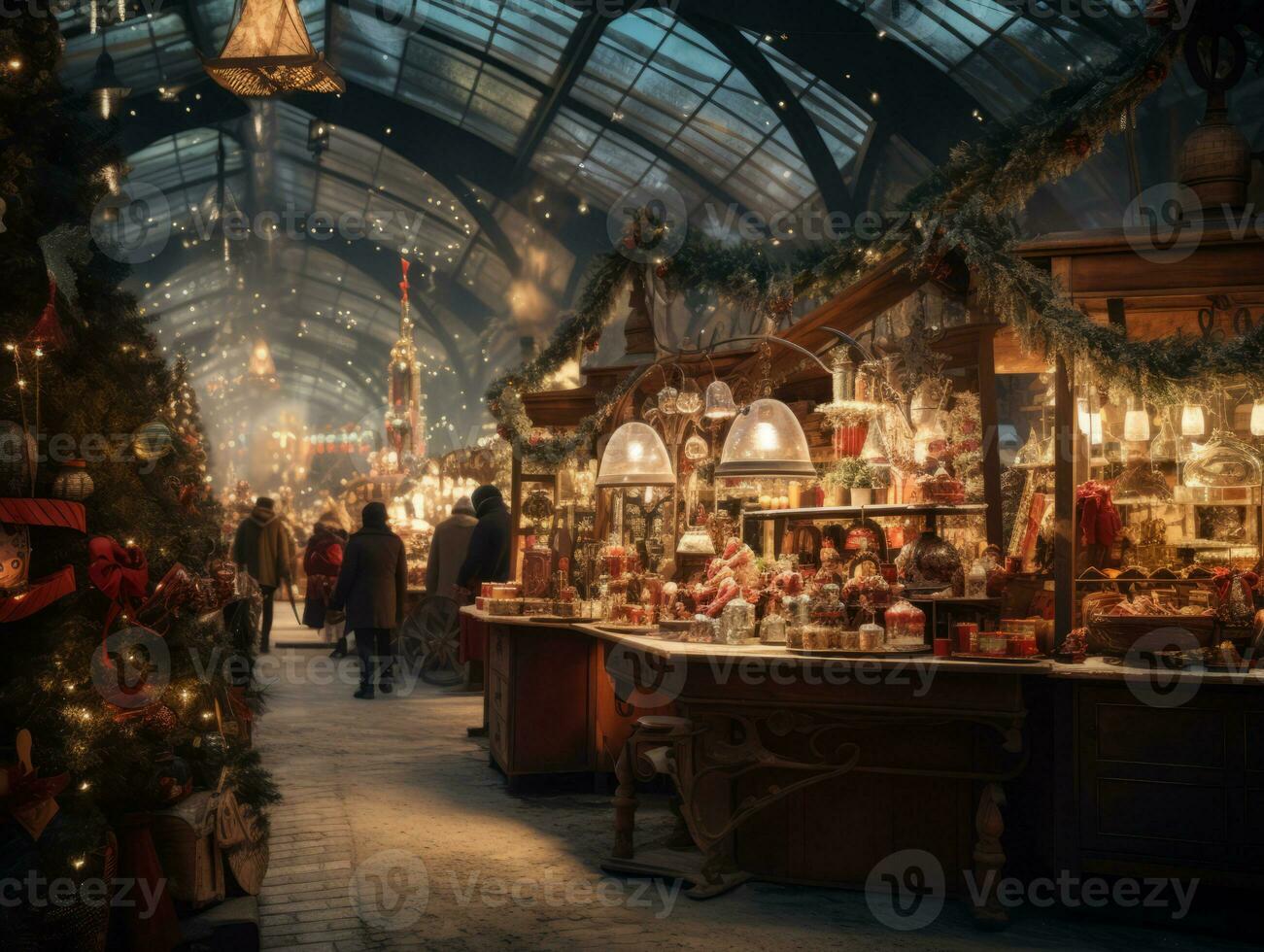 ai généré Noël marché dans le soir, illuminé par lumières photo