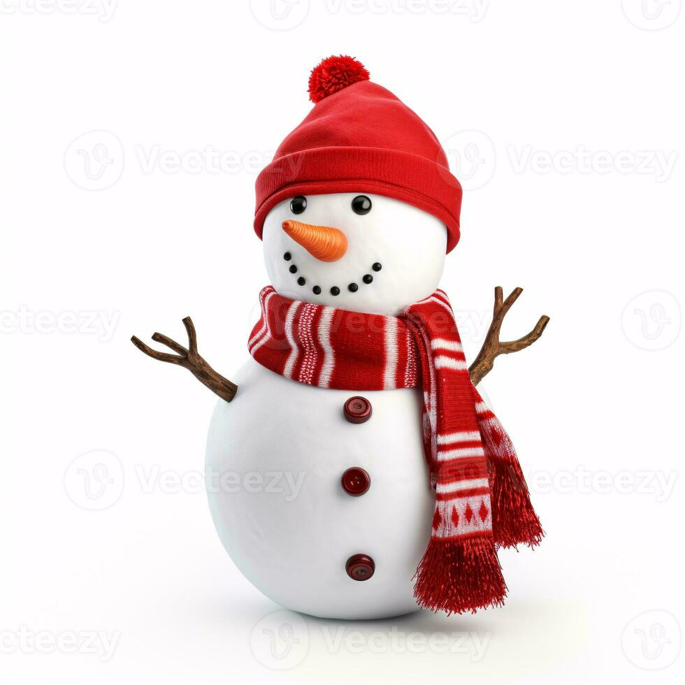 une bonhomme de neige portant une Père Noël casquette et écarlate écharpe est seul sur une blanc toile de fond. photo