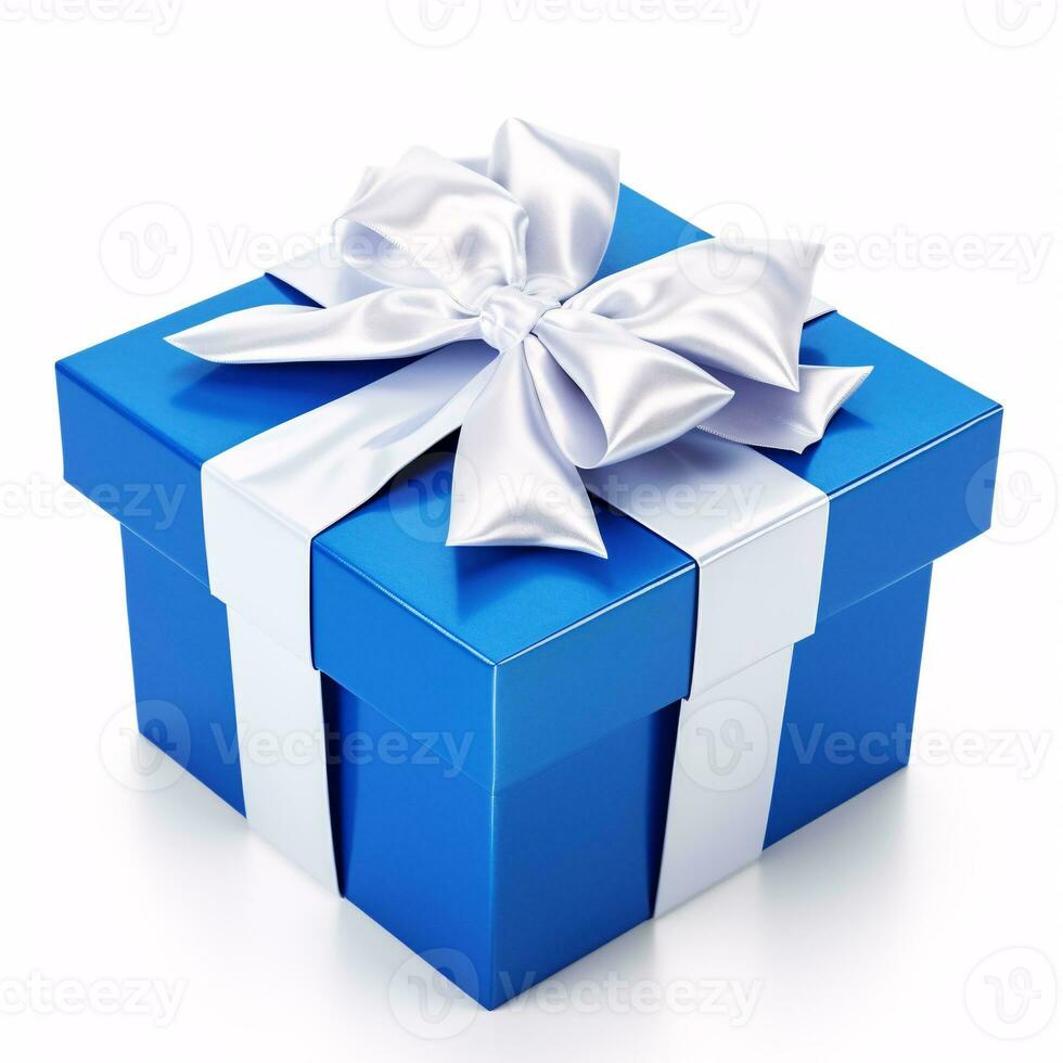 une enveloppé cadeau avec une ruban, flottant sur une de couleur crème toile de fond.a arc surmonté, bleu boîte est assis contre une blanc Contexte. photo